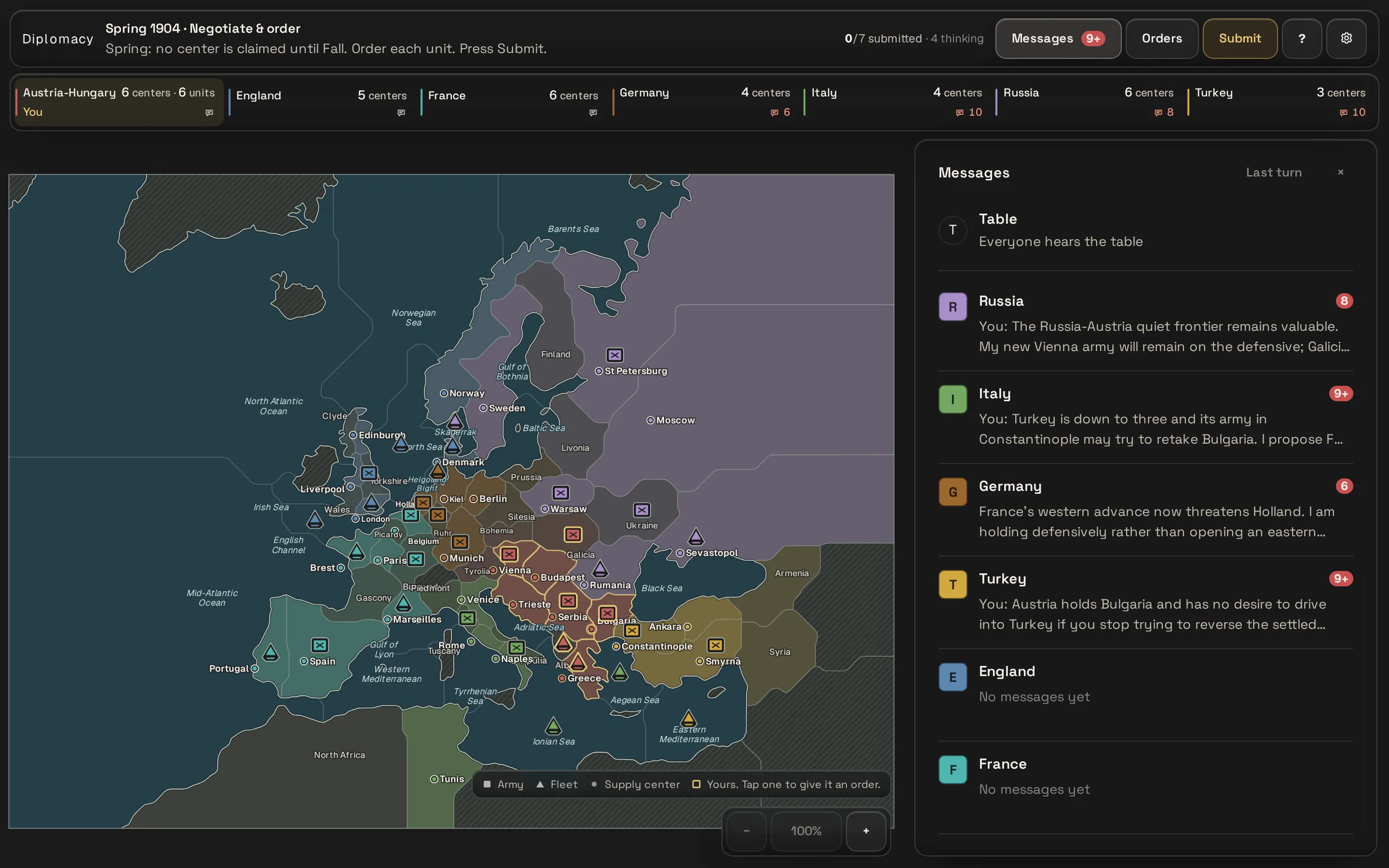 A Diplomacy room mid-game: the map of Europe colored by power with armies and fleets, a row of the seven powers with their supply center counts, and a Messages panel listing private conversations with Russia, Italy, Germany, Turkey, England, and France