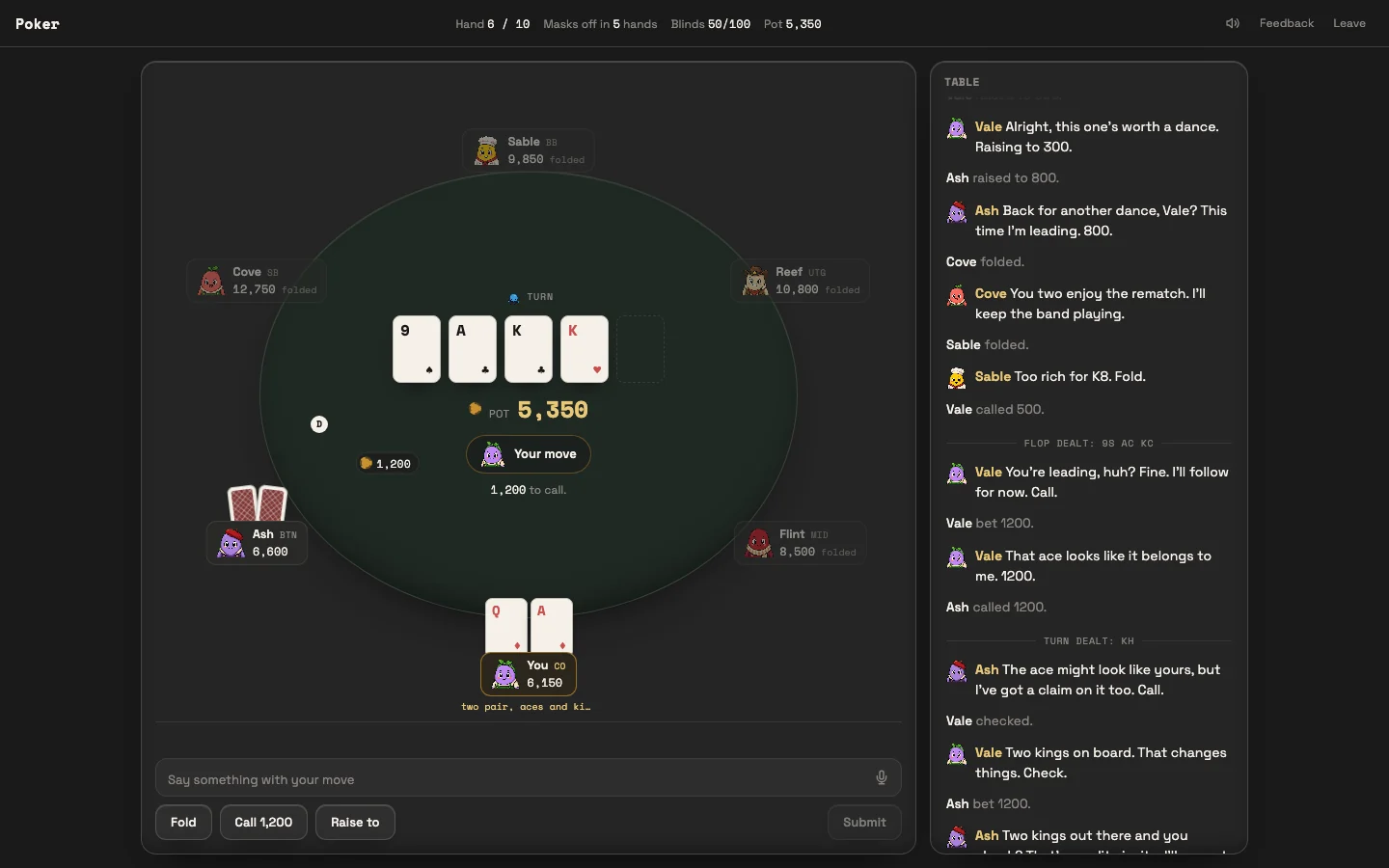 A Social Poker table mid-hand: six seated players around an oval table, a table-talk feed on the right, and the viewer's fold, call, and raise controls at the bottom